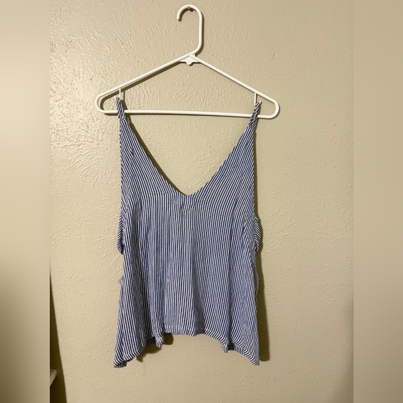 Lulu's Blue and White Asymmetrical Tie Front Tank Top - Picture 2 of 4